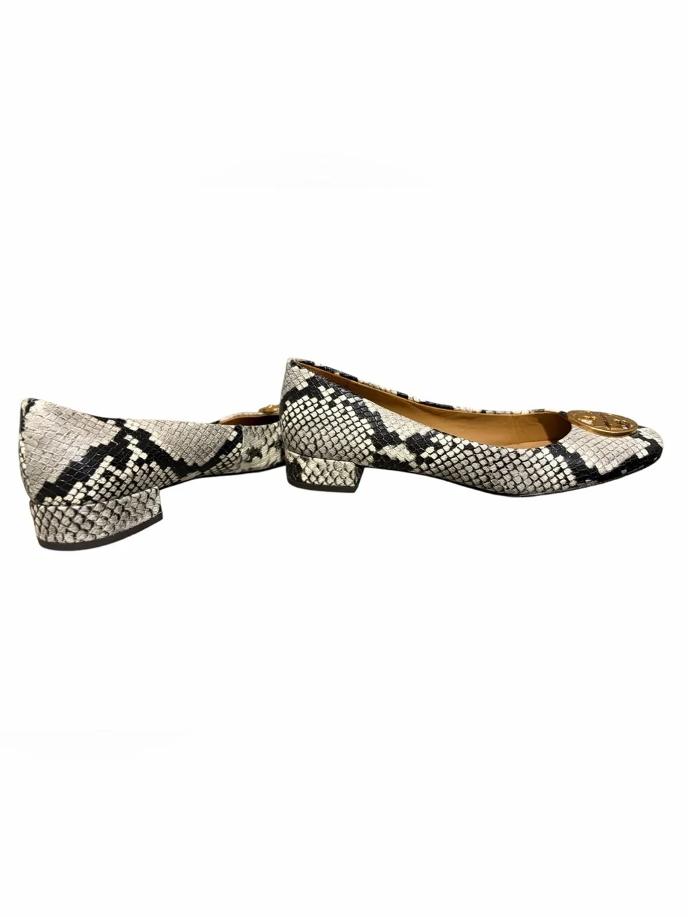 Tory Burch Chelsea Round-Toe Snakeskin-Embossed Leather Pumps.